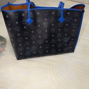 MCM Black Coated Canvas Tote with Blue Trim